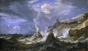 Pieter Meulener A ship wrecked in a storm off a rocky coast oil on canvas